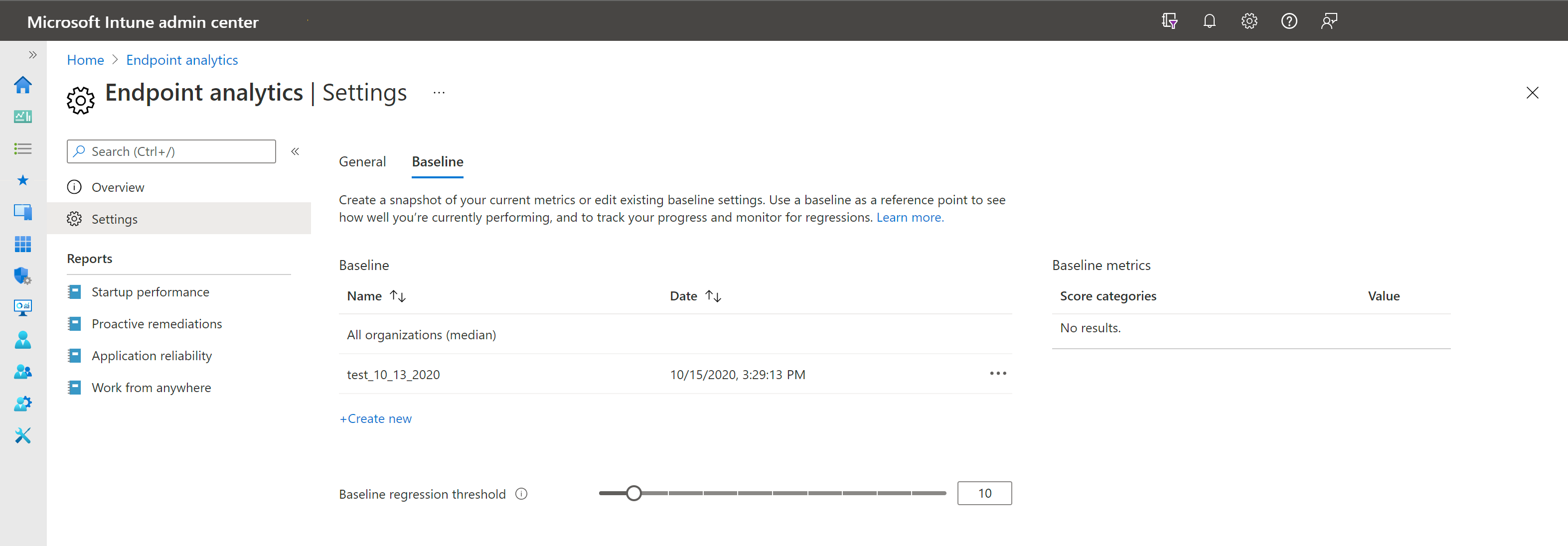 Endpoint analytics baseline settings page