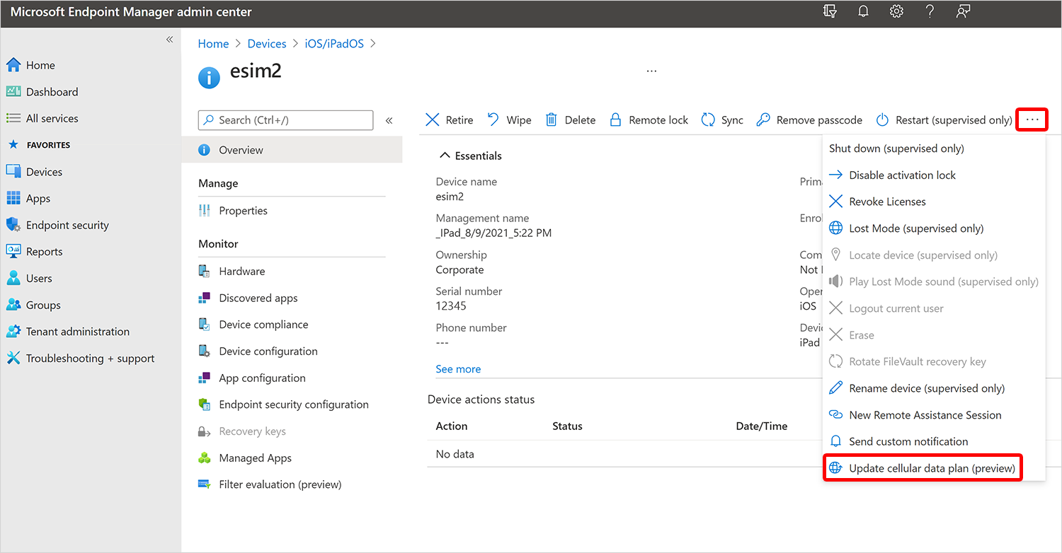 Screenshot of the Intune admin center Update cellular data plan action with an activation server URL field
