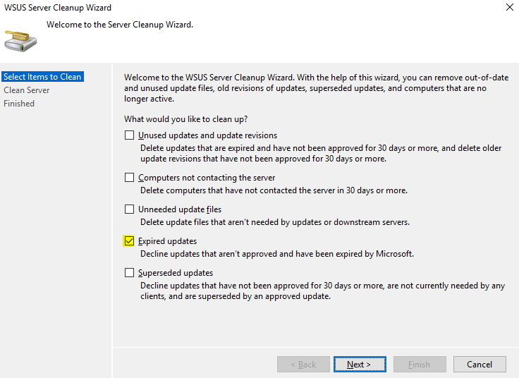 WSUS expired update cleanup screenshot