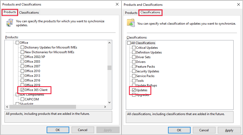 Products and classifications for Microsoft 365 Apps updates in WSUS