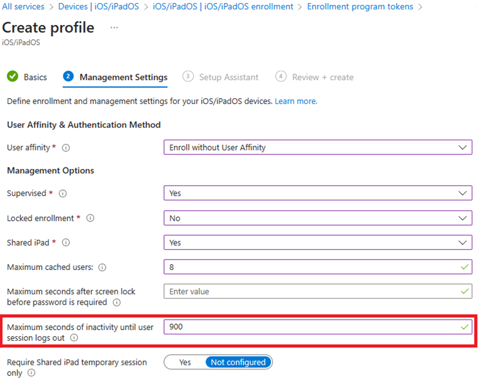 Screenshot that shows how to enroll without user affinity and setting the inactivity value for iOS/iPadOS devices in the Microsoft Intune admin center.