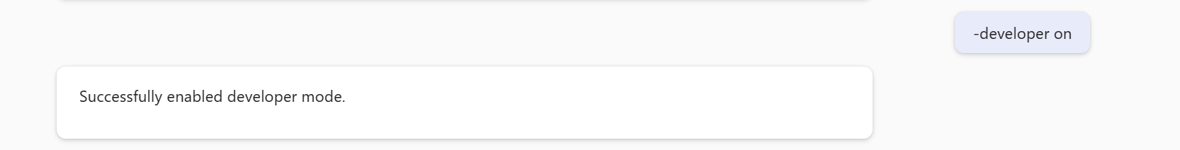 Screenshot of `M365 Chat` session where user has typed `-developer on` to successfully enable developer mode