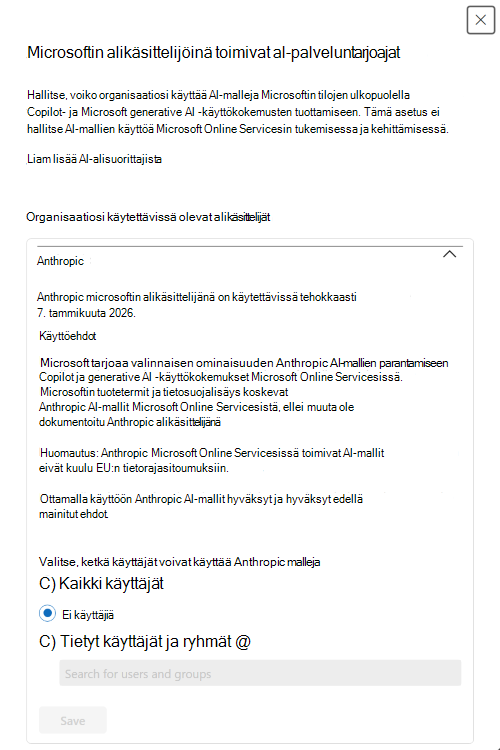 Näyttökuva Microsoft 365 -hallintakeskuksen käyttöliittymän valinnasta käyttää Anthropic-malleja