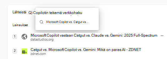 Näyttökuva verkkohakukyselyn lainauksista Microsoft 365 Copilot.
