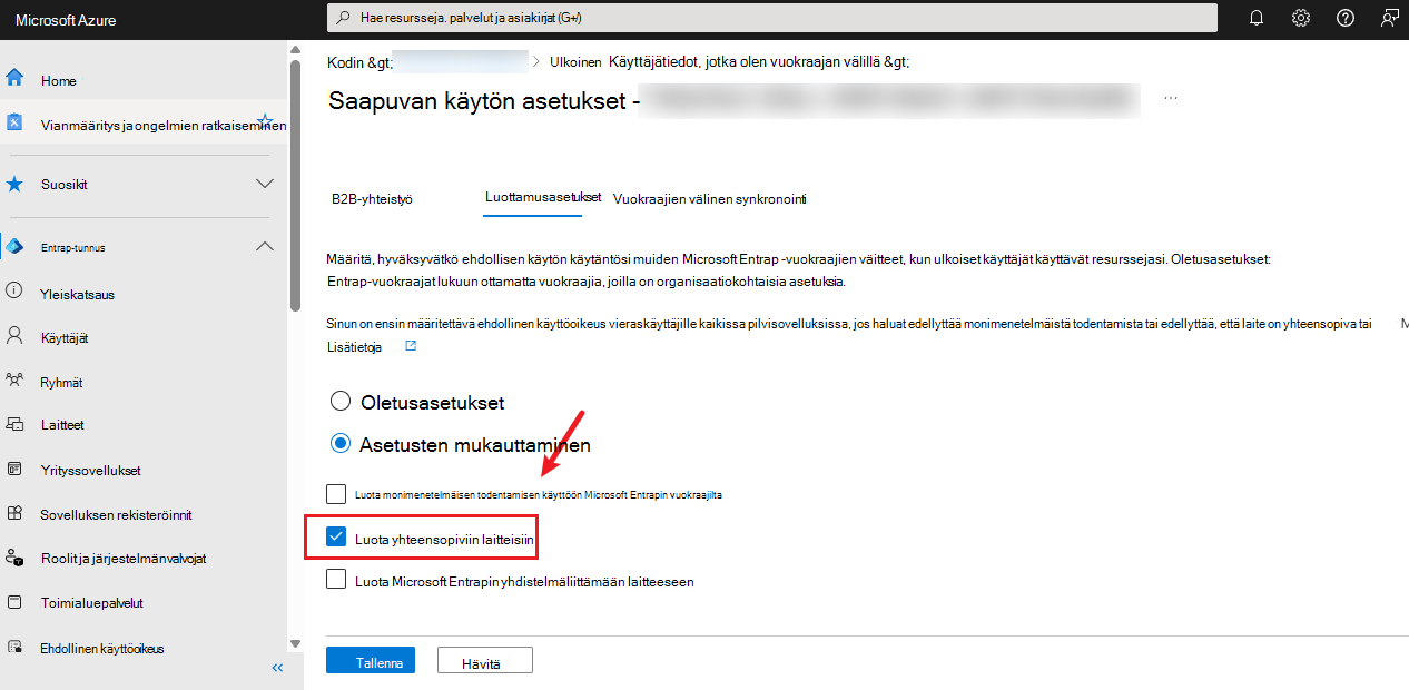 Näyttökuva, jossa näkyy Mukauta laitteen luottamusasetuksia tarpeen mukaan.