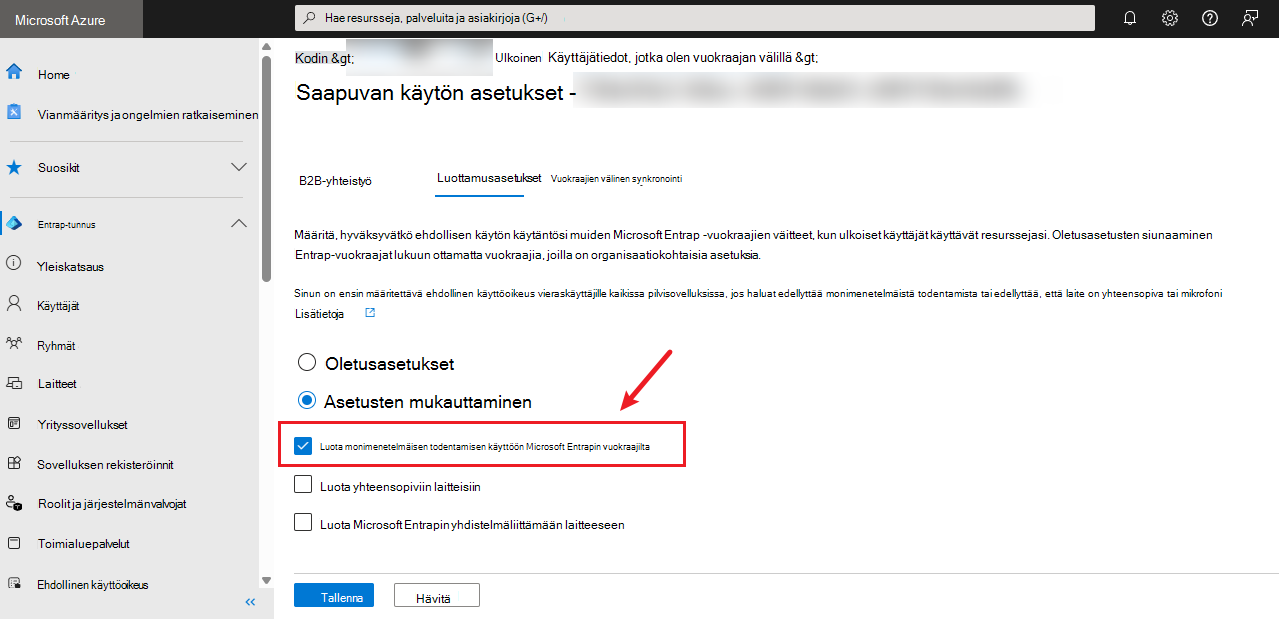 Näyttökuva, jossa näkyy MFA-luottamusasetusten mukauttaminen tarpeen mukaan.