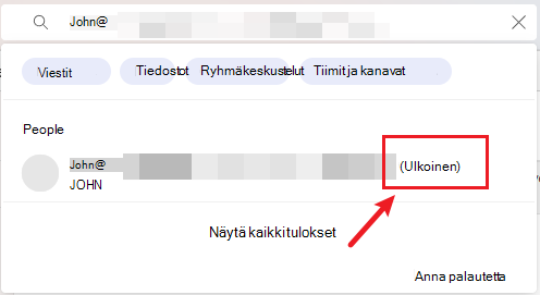 Näyttökuva, jossa näytetään ulkoisen käyttäjän hakeminen Teamsin ulkoisen käytön skenaariossa.