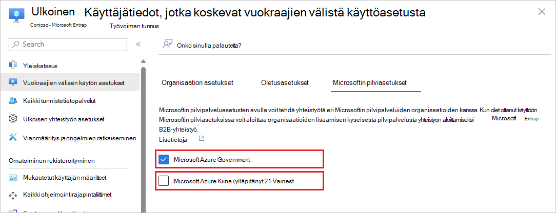 Näyttökuva, jossa näkyy Ota pilvien välinen luottamus käyttöön -asetukset.