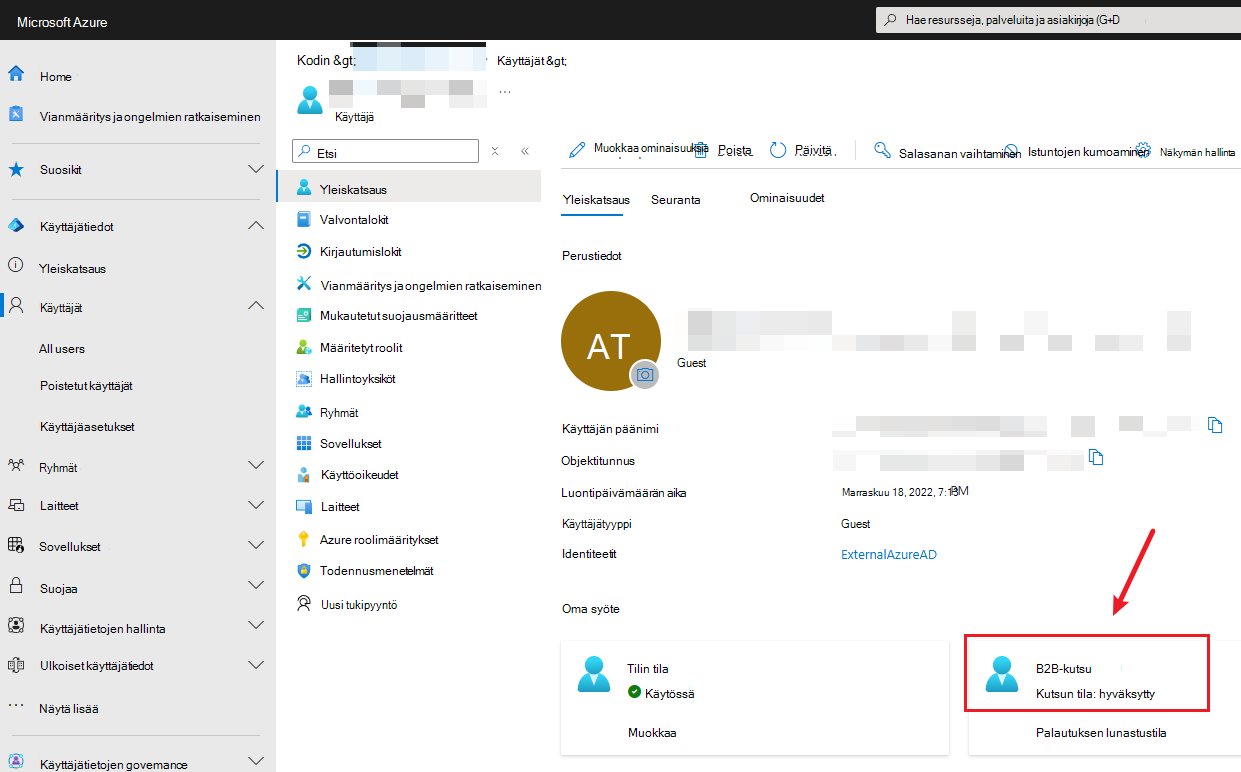 Näyttökuva, jossa näkyy B2B-kutsun tila.
