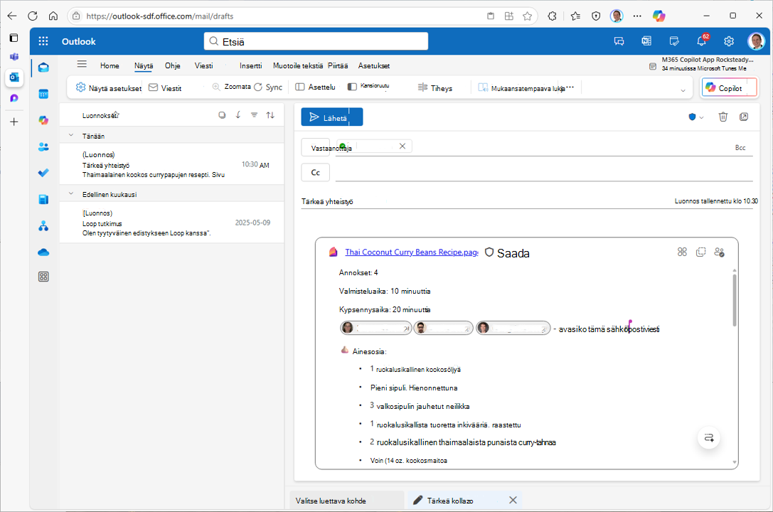 Näyttökuva, jossa näkyy Outlook-luonnosviesti, joka sisältää vuorovaikutteisen Loop osan.