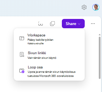 Näyttökuva, jossa näkyy Loop Jaa työtila -vaihtoehto.