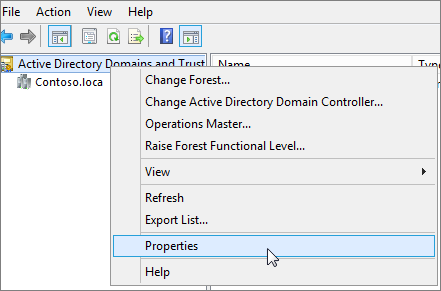 Napsauta hiiren kakkospainikkeella Active Directory -toimialueet ja luottamukset ja valitse Ominaisuudet.