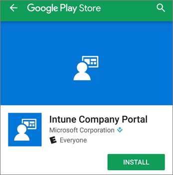 Näyttökuva, jossa näkyy Intune-yritysportaali asennuspainike Google Play -kaupassa.