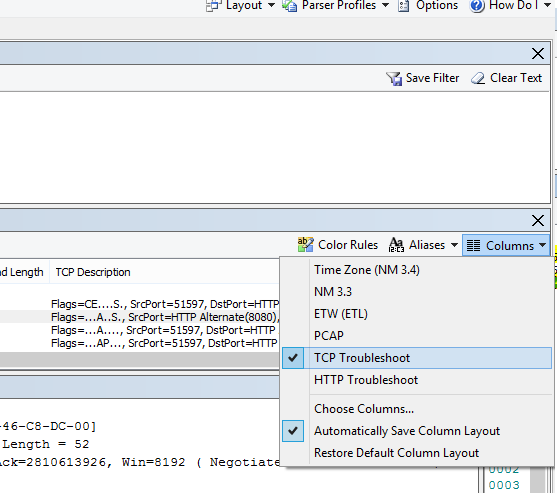 Mistä löydät TCP-vianmääritysvaihtoehdon avattavan Sarakkeet-luettelon (kehyksen yhteenvedon päällä).