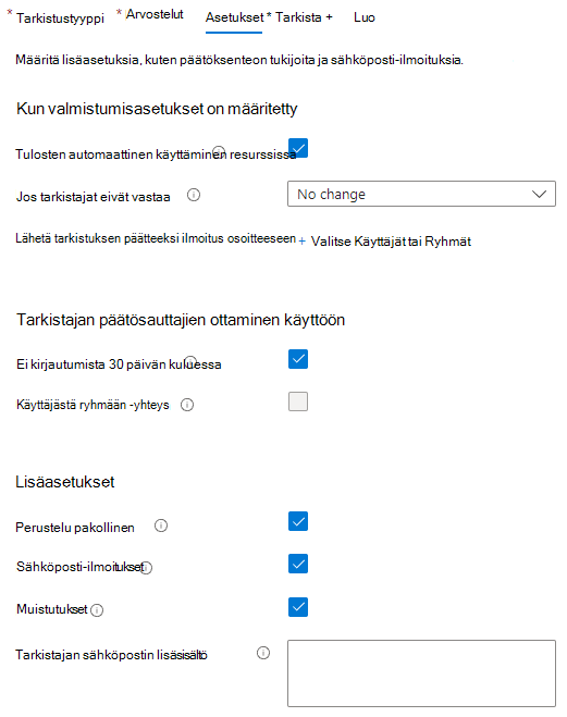 Näyttökuvassa on Microsoft Entra tarkastella tarkistuksen asetusten välilehteä.