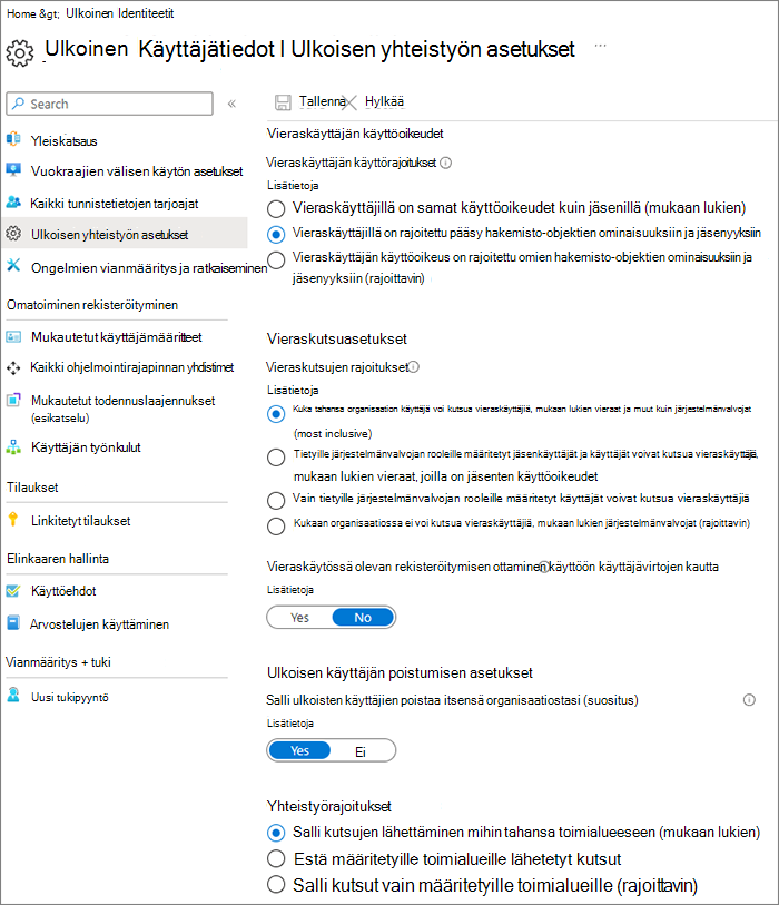 Näyttökuvassa on Microsoft Entra Organisaatiosuhteet-asetukset -sivu.