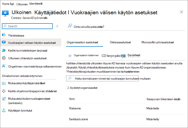 Näyttökuva vuokraajien välisen käytön asetuksista Microsoft Entra ID, joihin on määritetty kaksi ulkoista organisaatiota.