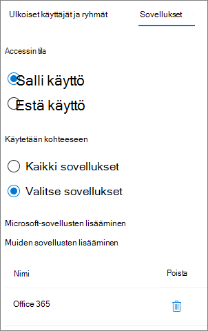 Näyttökuva sallitusta sovelluksesta saapuvan ja vuokraajien laajuisten käyttöoikeuksien asetuksissa ulkoisessa organisaatiossa.