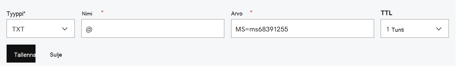 Täytä taulukon arvot toimialueen vahvistuksen TXT-tietueelle.