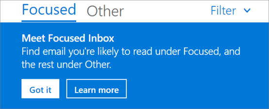 An image of what Focused Inbox looks like when a user first opens Outlook on the web.