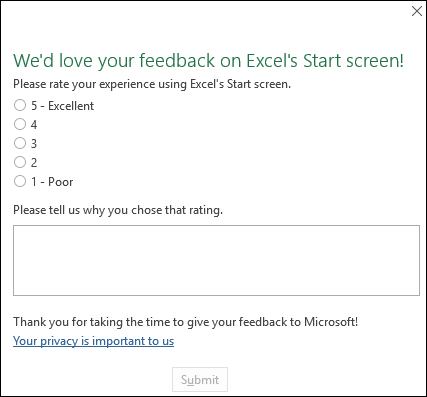 Näyttökuva: Esimerkki tuotteensisäistä Excel-palautepyynnöstä