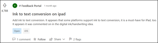 Näyttökuva: Esimerkki palautekortista käsinkirjoituksen ja tekstin muuntamisessa iPadissa