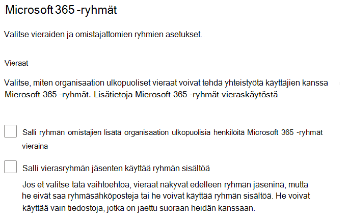 Näyttökuva Microsoft 365 -ryhmät jakamisen asetuksista Microsoft 365 -hallintakeskus.