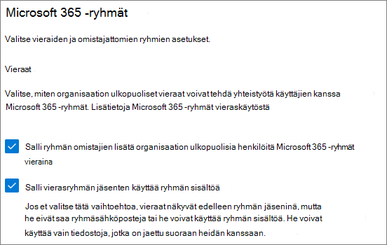 Näyttökuva vierasasetusten Microsoft 365 -ryhmät Microsoft 365 -hallintakeskus.