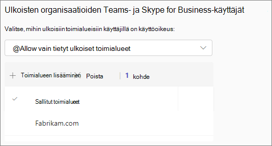 Näyttökuva Teamsin ulkoisista käyttöoikeusasetuksista Teamsille ja Skype for Business käyttäjille ulkoisissa organisaatioissa, joilla on yksi sallittu toimialue.