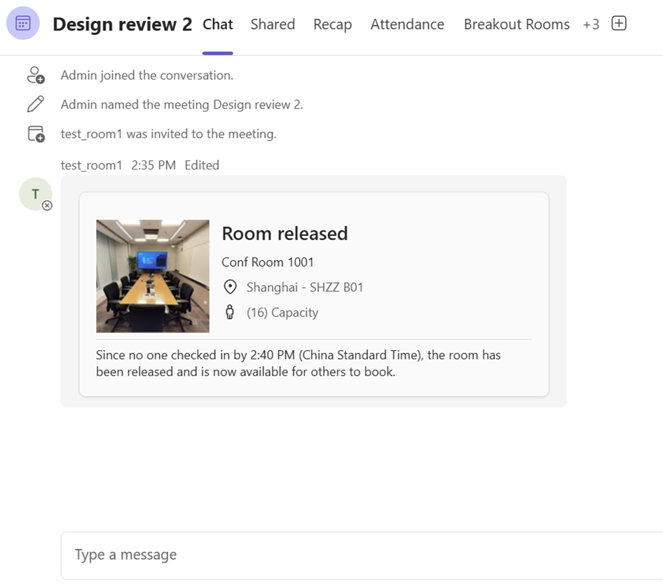 Screenshot that shows a message indicating that the room has been released.