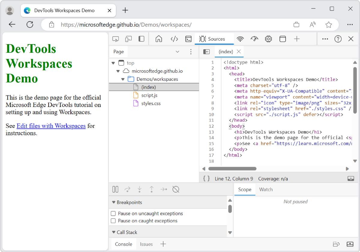 The HTML editor of the Sources tool