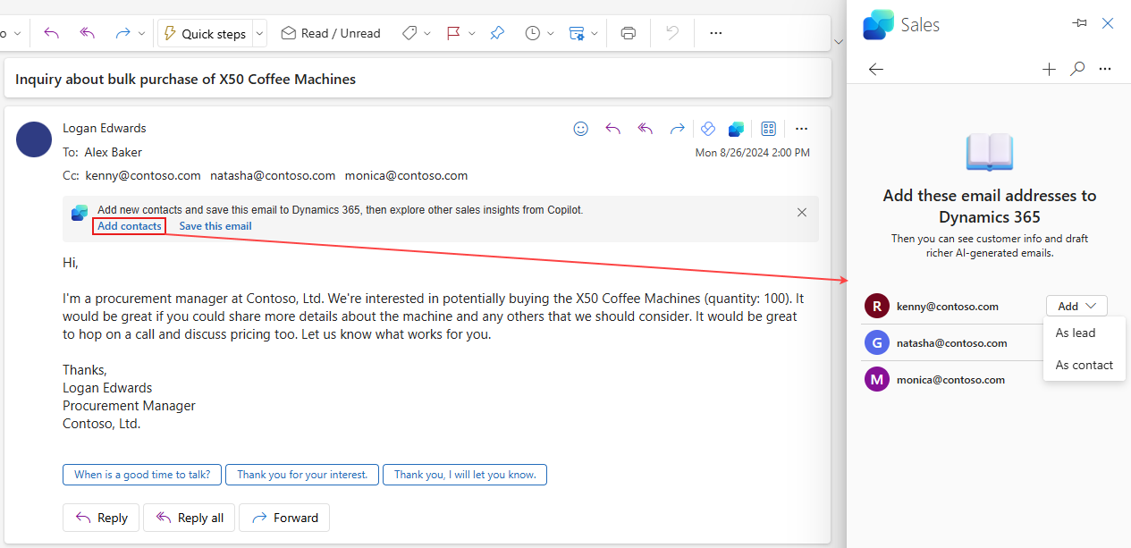 Näyttökuva, jossa näkyy ilmoitussanoma ja nopea toiminto uuden yhteyshenkilön lisäämistä varten.