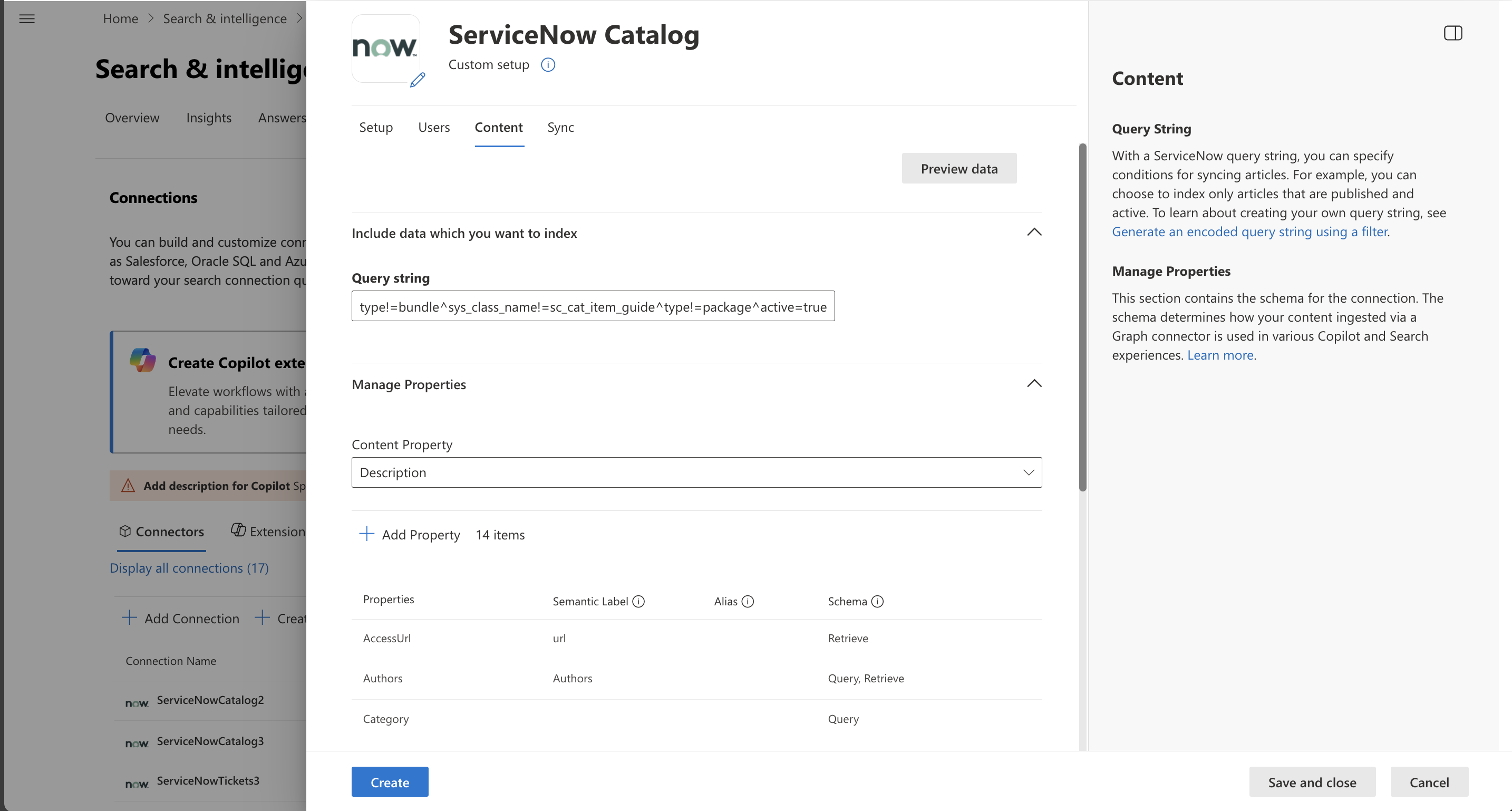 Screenshot that shows Content tab where you can configure Query string and Properties.