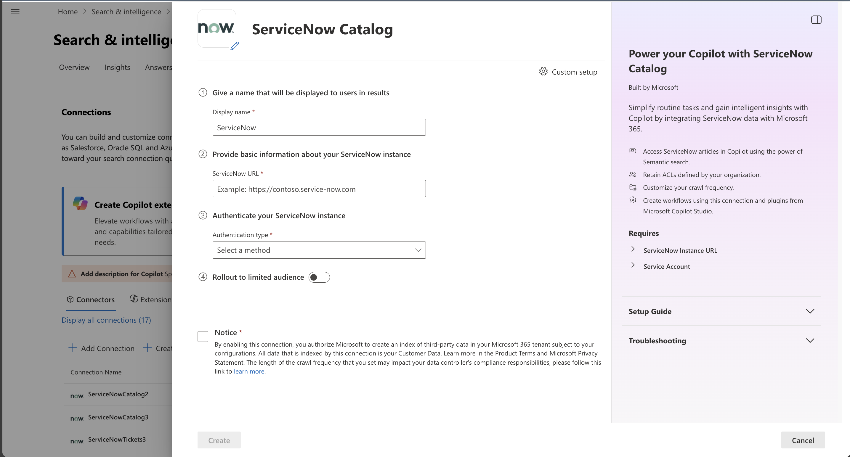Screenshot that shows connection creation screen for Microsoft Graph Connector for ServiceNow Catalog.