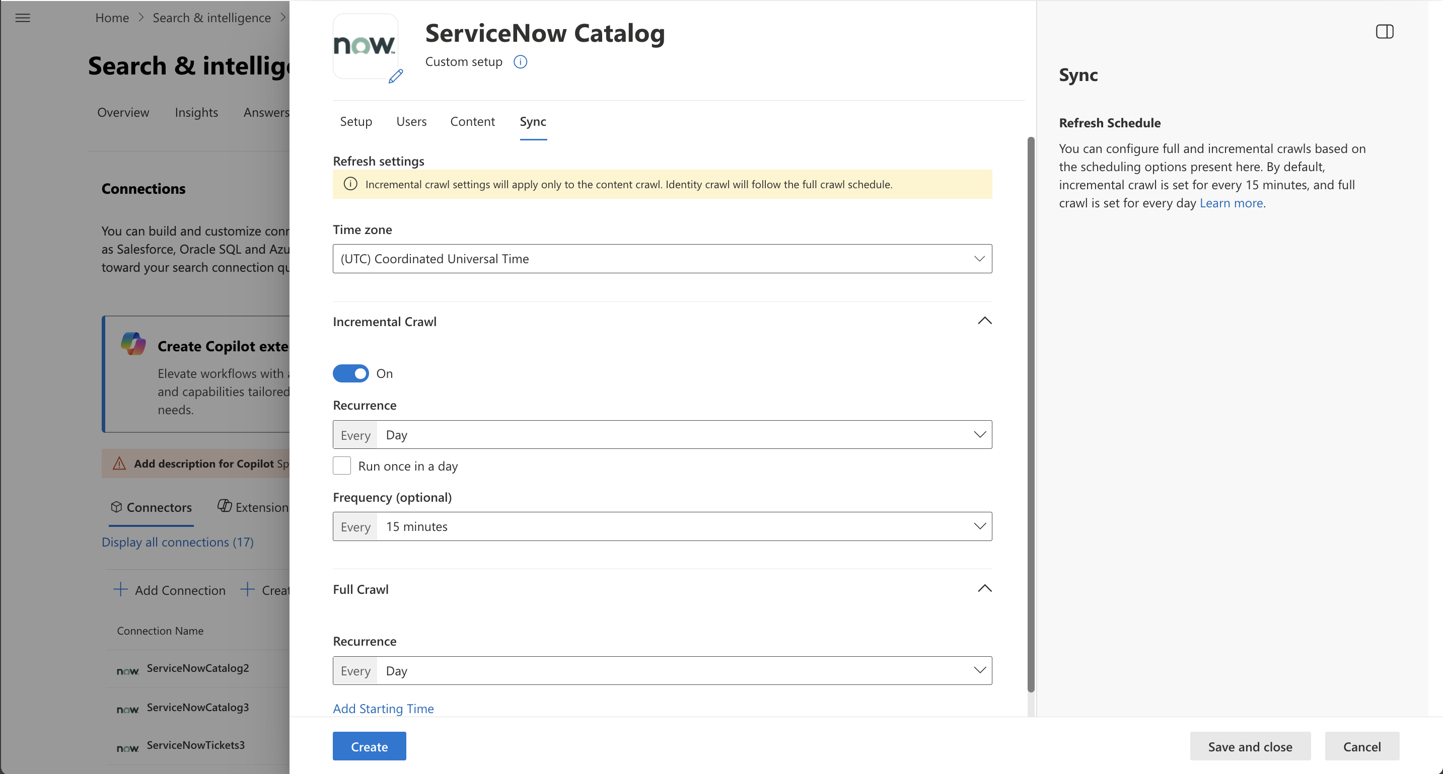 Screenshot that shows Sync tab where you can configure crawl frequency.
