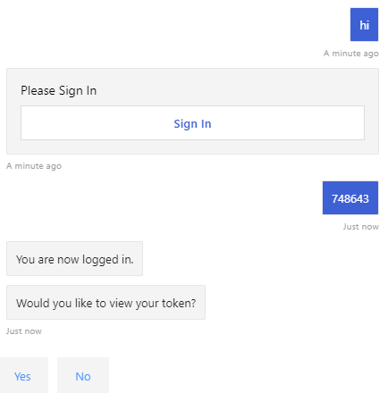 Screenshot shows an example of the bot UI after you sign in.