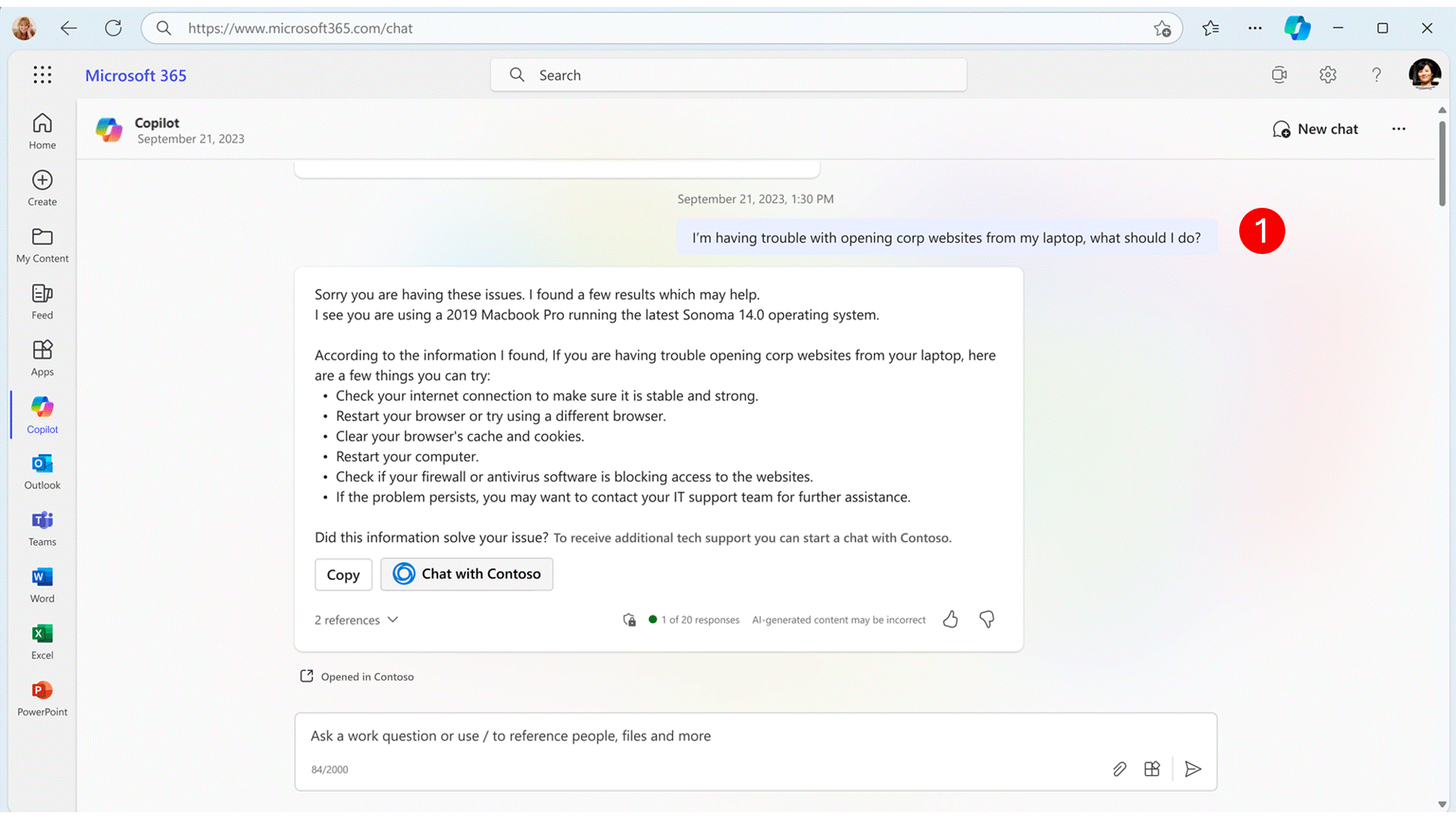 The GIF shows the conversation handoff between the copilot for Microsoft 365 and the Contoso chat bot.