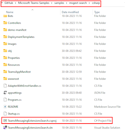 Screenshot of cloned repository with the TeamsMessagingExtensionsSearch.csproj highlighted in red.