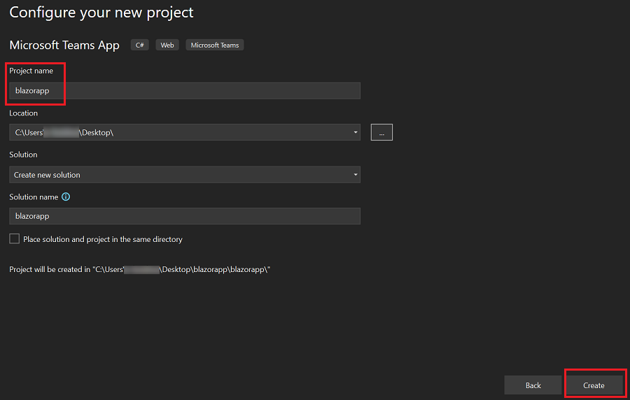 Screenshot shows how to configure your new project with Create option.
