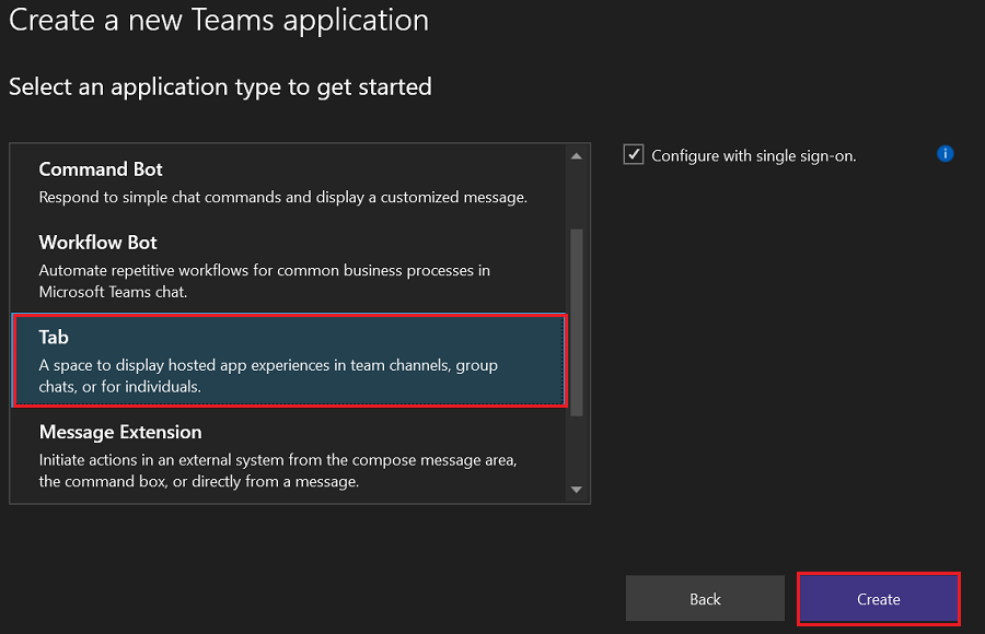 Screenshot shows how to create a new Teams application with Tab.