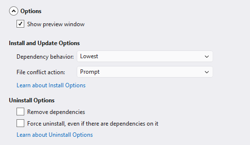 Screenshot showing the NuGet Package manager Options control expanded.