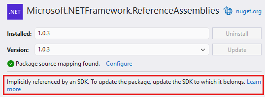 Screenshot showing a NuGet package with the Update button disabled.