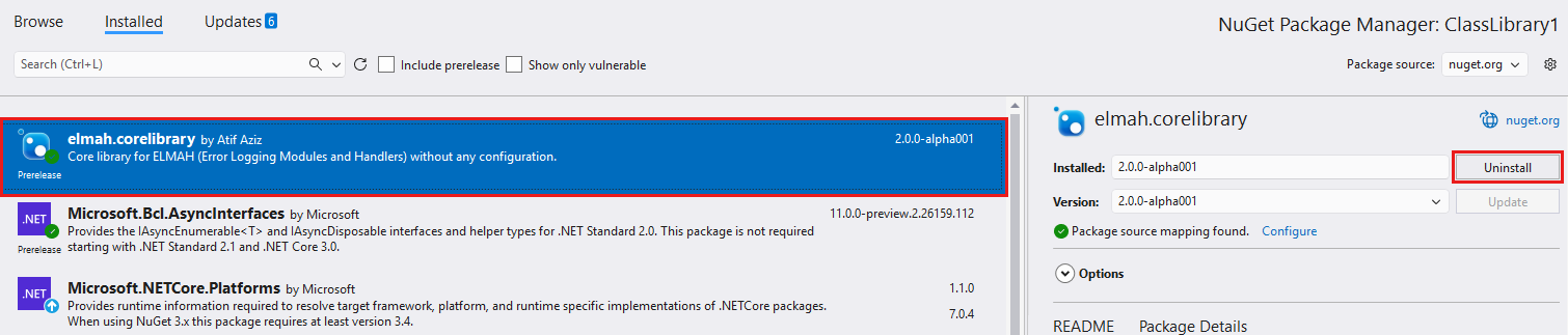 Screenshot showing the NuGet Package Manager with a package selected and its Uninstall button highlighted.
