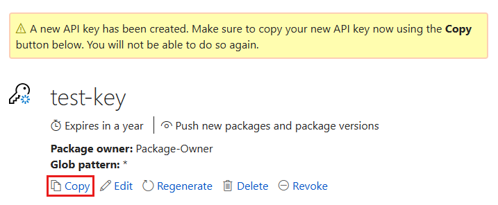 Screenshot that shows the new API key with the Copy link.