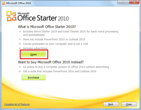 Näyttökuva Avaa-vaihtoehdon valitsemiseksi Microsoft Office 2010:ssä.