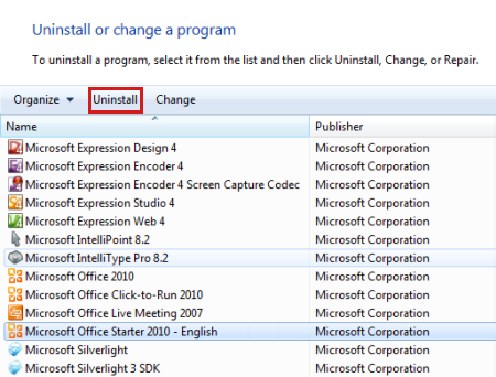 Näyttökuva, jossa voit valita Poista asennus -vaihtoehdon Microsoft Office Starter 2010 -ohjelman valitsemisen jälkeen.
