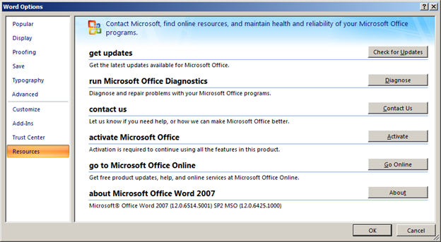 Näyttökuva, jossa voit napsauttaa Tietoja-painiketta tietoja Microsoft Office Program_Name 2007 -otsikon vieressä.