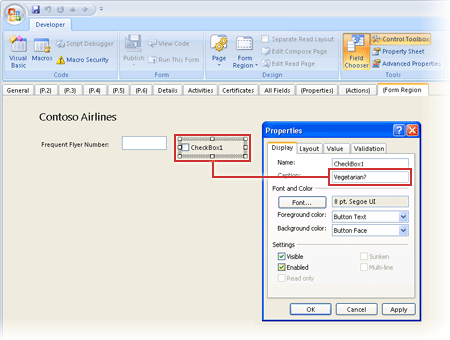 Screenshot of the Display tab on the Properties dialog box, adding the check box control.