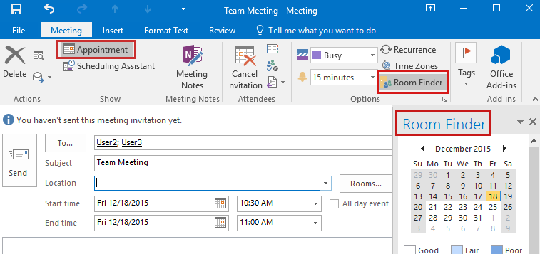 Näyttökuva, jossa näkyy Huoneenhaku-ominaisuus tapaamisnäkymässä Outlook 2016:ssa.