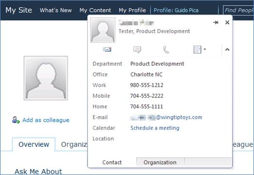 Näyttökuva 2 yhteystietokortin näyttämisestä SharePoint-sivustossa